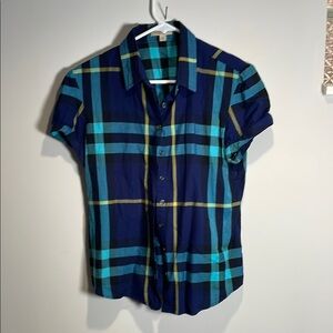Burberry Blue and Yellow Plaid Button Down Shirt Short Sleeves